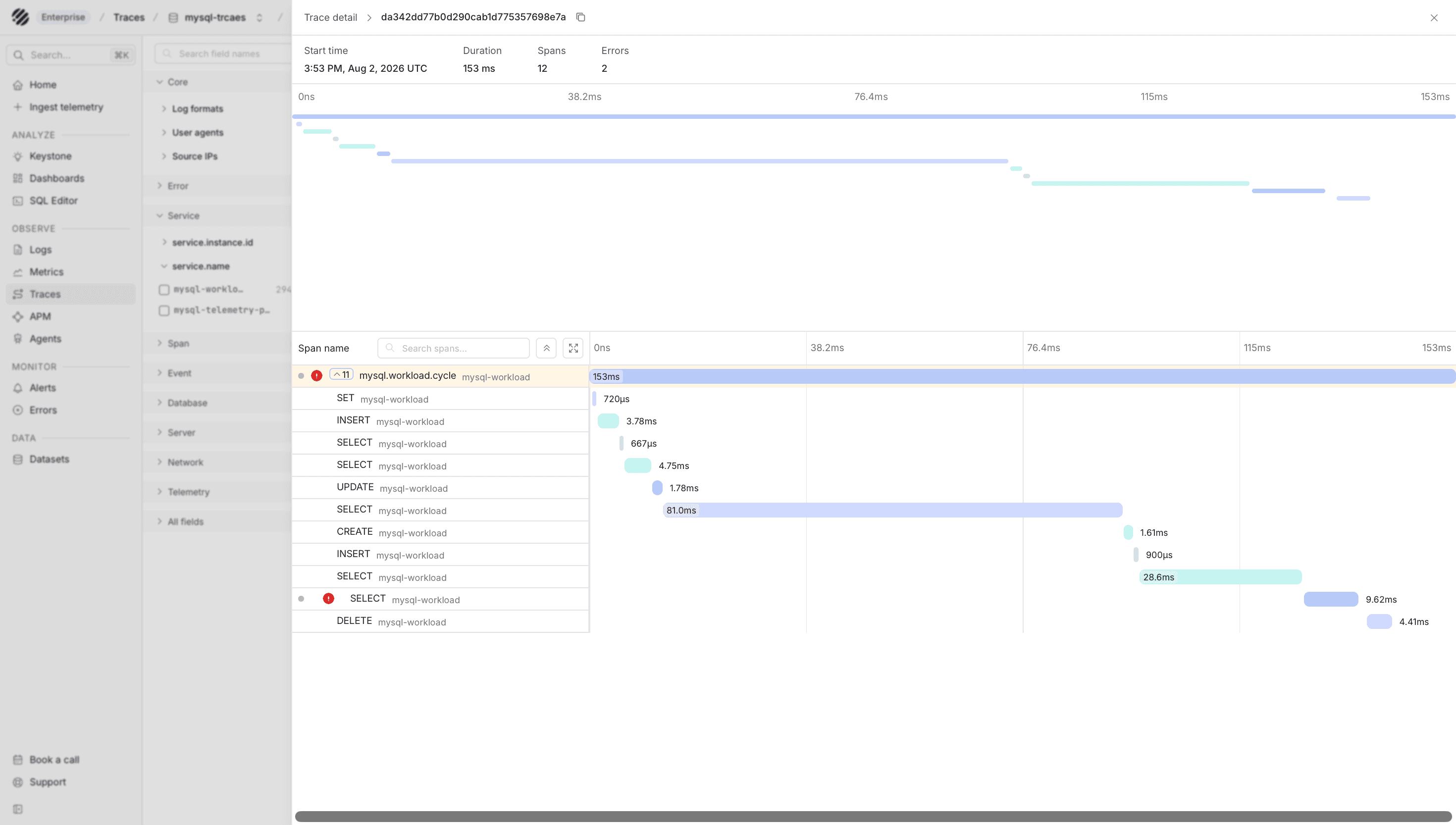 MySQL traces in Parseable