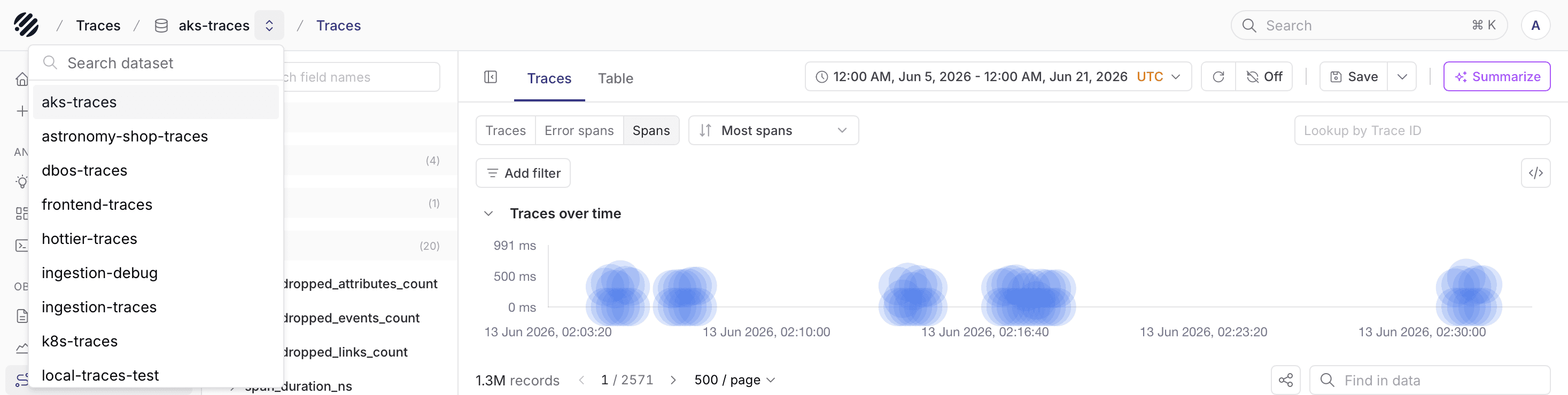 Trace dataset selector showing available trace datasets