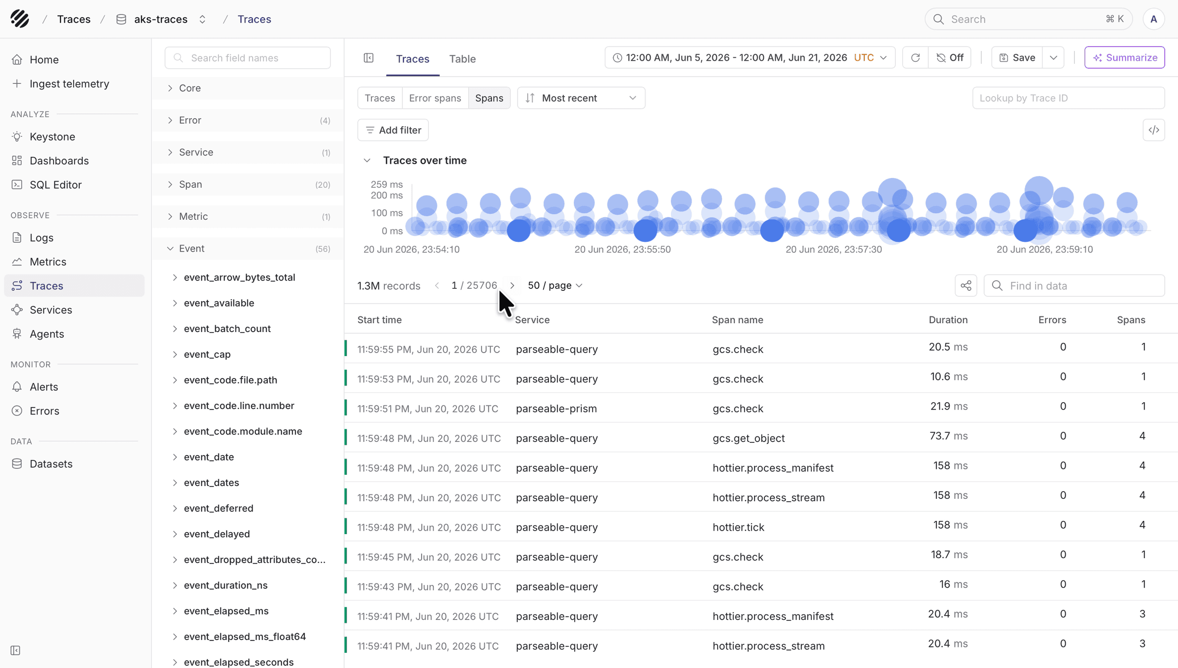 Traces page with trace bubbles, filters, and trace list