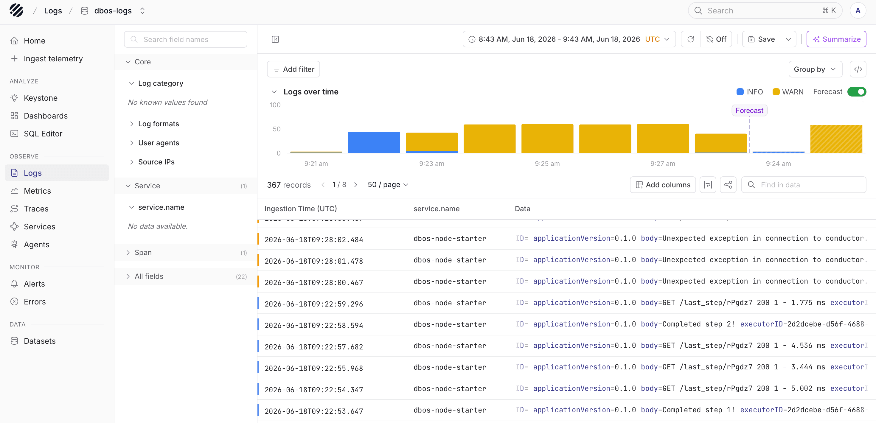 DBOS logs stream in Parseable