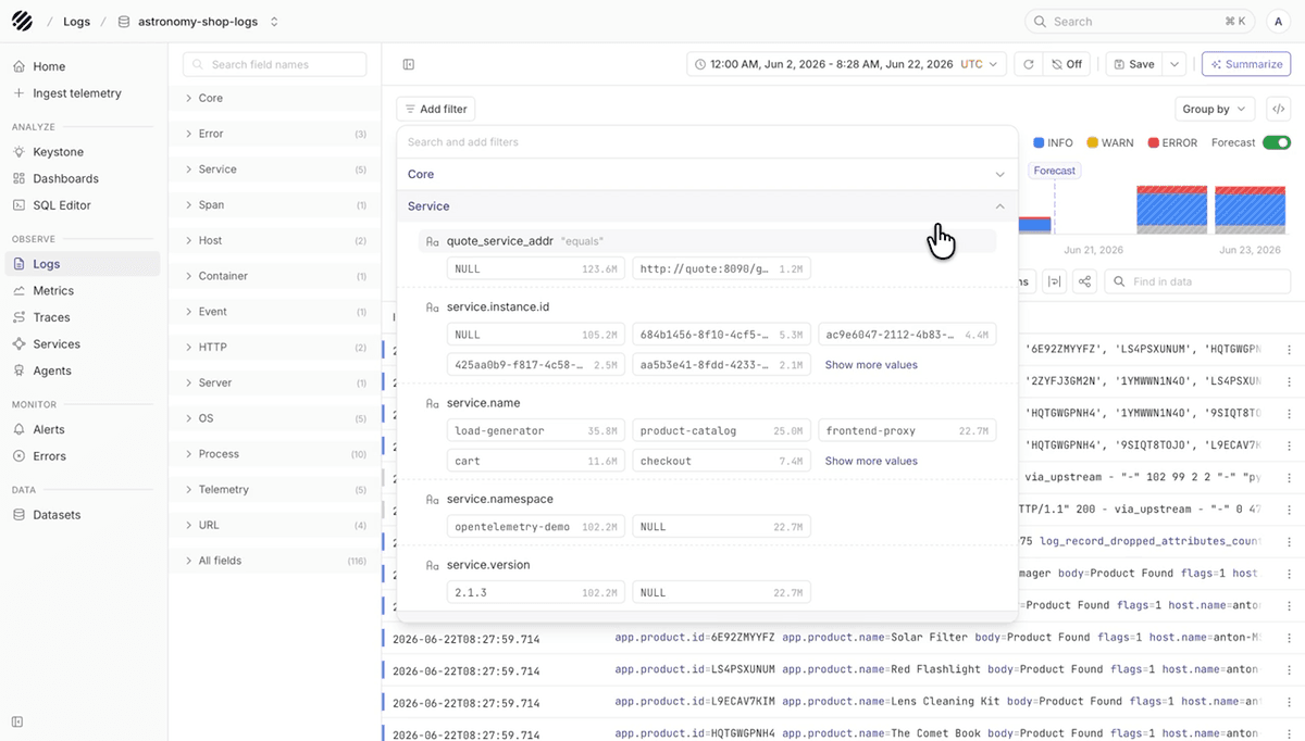 Add filter panel showing service fields and value counts