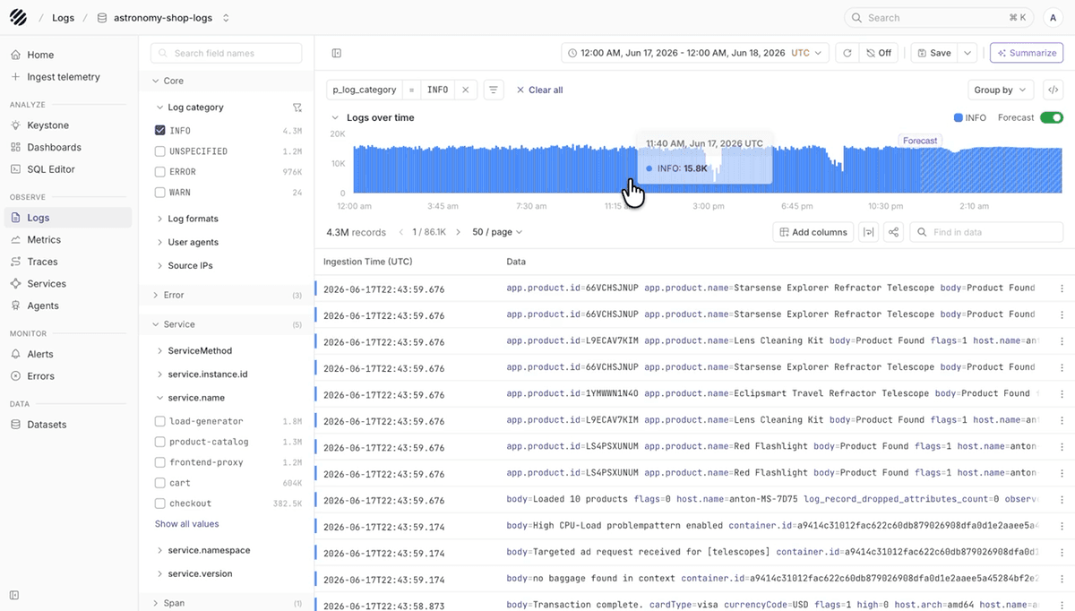 Logs chart split by category with INFO selected