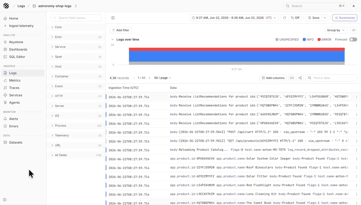 Logs page with dataset, fields, chart, and table