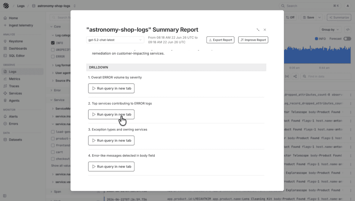 Logs summary report with suggested drilldown queries