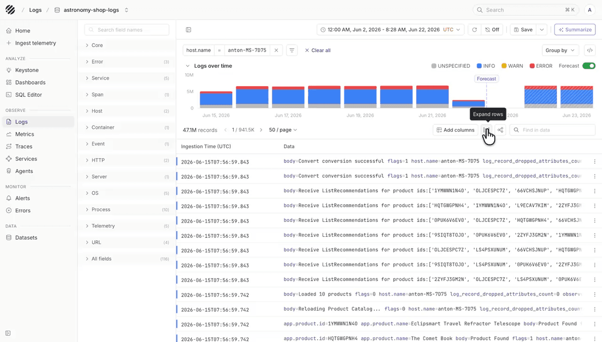 Logs table actions with expand rows control